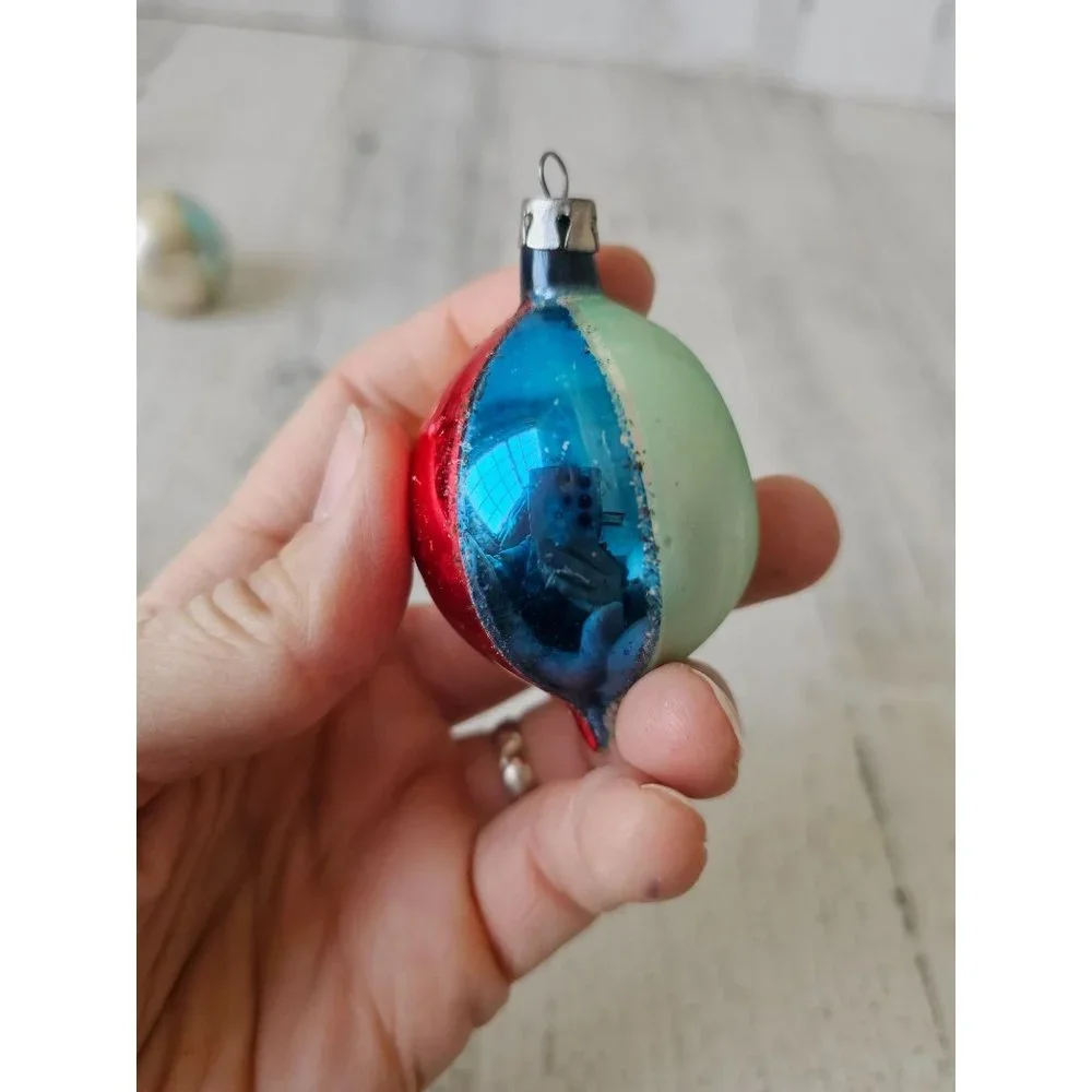 Vintage striped poland indent mini ornament reflector Mercury glass pink blue se